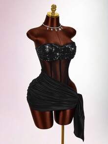 Amplova Women's Sexy Tie-Up Mini Dress, Sequins Embellished Tie-Up Wrap Hem, Suitable For Party & Nightclub - Black - View 8