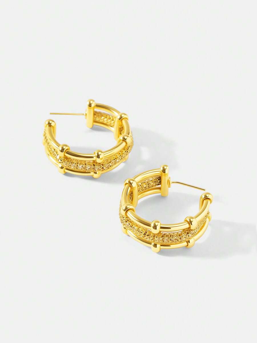 MOTF PREMIUM PRE18K GOLD PLATED BAMBOO MESH GEMSTONE TEMPERAMENT SIMPLE EARRINGS - Yellow Gold - View 2