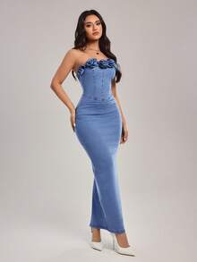 SHEIN Tall Women's 3D Floral Decor Fitted Elegant Denim Dress, Tall Women - Blue - View 4