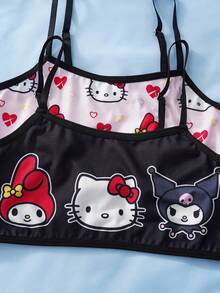 HELLO KITTY AND FRIENDS | SHEIN 少女卡通印花休闲日常吊带背心 - 黑色 - 查看 3