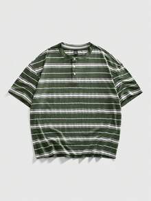 ROMWE MEN Prep Men's Striped Print Casual Versatile Short Sleeve Henley T-Shirt - Green - View 1