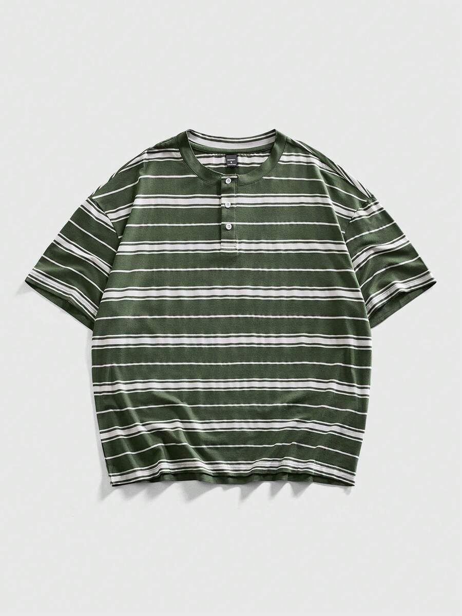 ROMWE MEN Prep Men's Striped Print Casual Versatile Short Sleeve Henley T-Shirt - Green - View 1