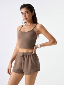 落肩华夫格针织上衣、吊带背心和短裤休闲套装，含T恤，舒适优雅的家居服，秋冬服装 - 摩卡棕 - 查看 4