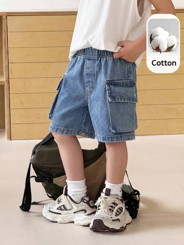 SHEIN Pantalones cortos vaqueros con bolsillos cargo para niño pequeño, adecuados para primavera y verano, uso al aire libre, viajes y vacaciones