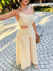 SHEIN SXY 条纹黄色不对称露腰休闲度假连衣裙，夏季，春季，度假，海滩，外出，休闲，夏日连衣裙，条纹，条纹长裙，长款太阳裙，夏季，春季，度假，海滩，伊比沙岛，漂亮穿搭，夏季穿搭，女士休闲连衣裙，女士夏季穿搭，女士夏季连衣裙 - 黃色 - 查看 6