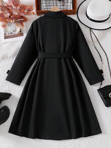 SHEIN 1 pieza Chaqueta larga con solapa tejida, doble botonadura y cinturón de moda para niñas, adecuada para primavera, otoño e invierno, para uso al aire libre, viajes, estilo callejero, casual, en casa y para ir al trabajo - Negro - Ver 2