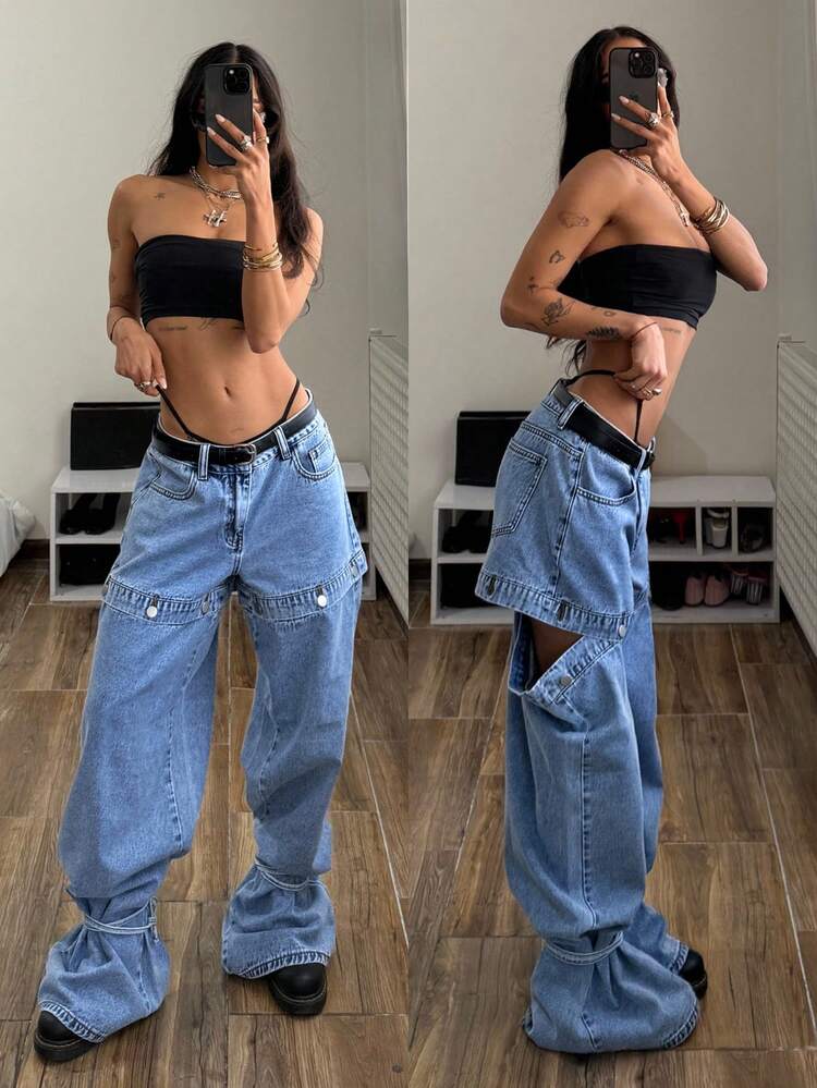 StreetHx 女士休闲时尚街头腰带设计牛仔裤 - 淺色水洗藍 - 查看 9