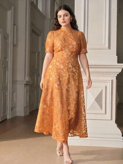  Anewsta 春夏新款女士黄色高领修身网纱A字连衣裙，优雅刺绣长袖加大码长款连衣裙