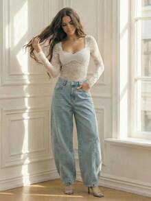 Anewsta Quần jeans nữ ống loe cạp cao màu xanh nhạt kiểu vintage, thích hợp mặc đi làm, thích hợp cho mùa xuân hè. - Màu xanh lam - Xem 7