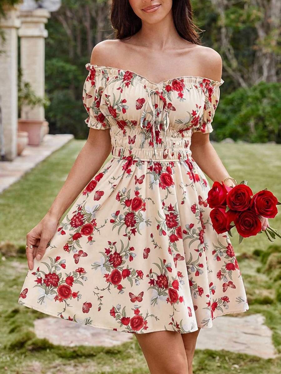 SHEIN VCAY Gaun Mini Lengan Pendek Off Shoulder Motif Tenun Musim Panas untuk Wanita, Pakaian Musim Panas untuk Wanita, Pakaian Liburan Wanita - Aprikot - View 1