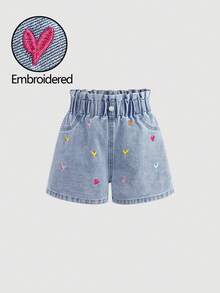 Girlism 少女夏季休闲浅色水洗可爱荷叶边腰部口袋爱心刺绣宽松阔腿短裤，春夏款，舒适时尚，休闲街头风，适合春夏穿着，夏季度假波西米亚风，夏季牛仔短裤，海滩度假，抽绳腰带短裤，夏季，度假风，适合海滩度假，Y2K，毕业季 - 淺色水洗藍 - 查看 1