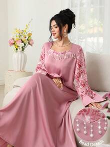 Al Najma Đầm ren tay xòe phối màu tương phản thanh lịch, thích hợp cho mùa xuân/hè. - Hồng - Xem 2