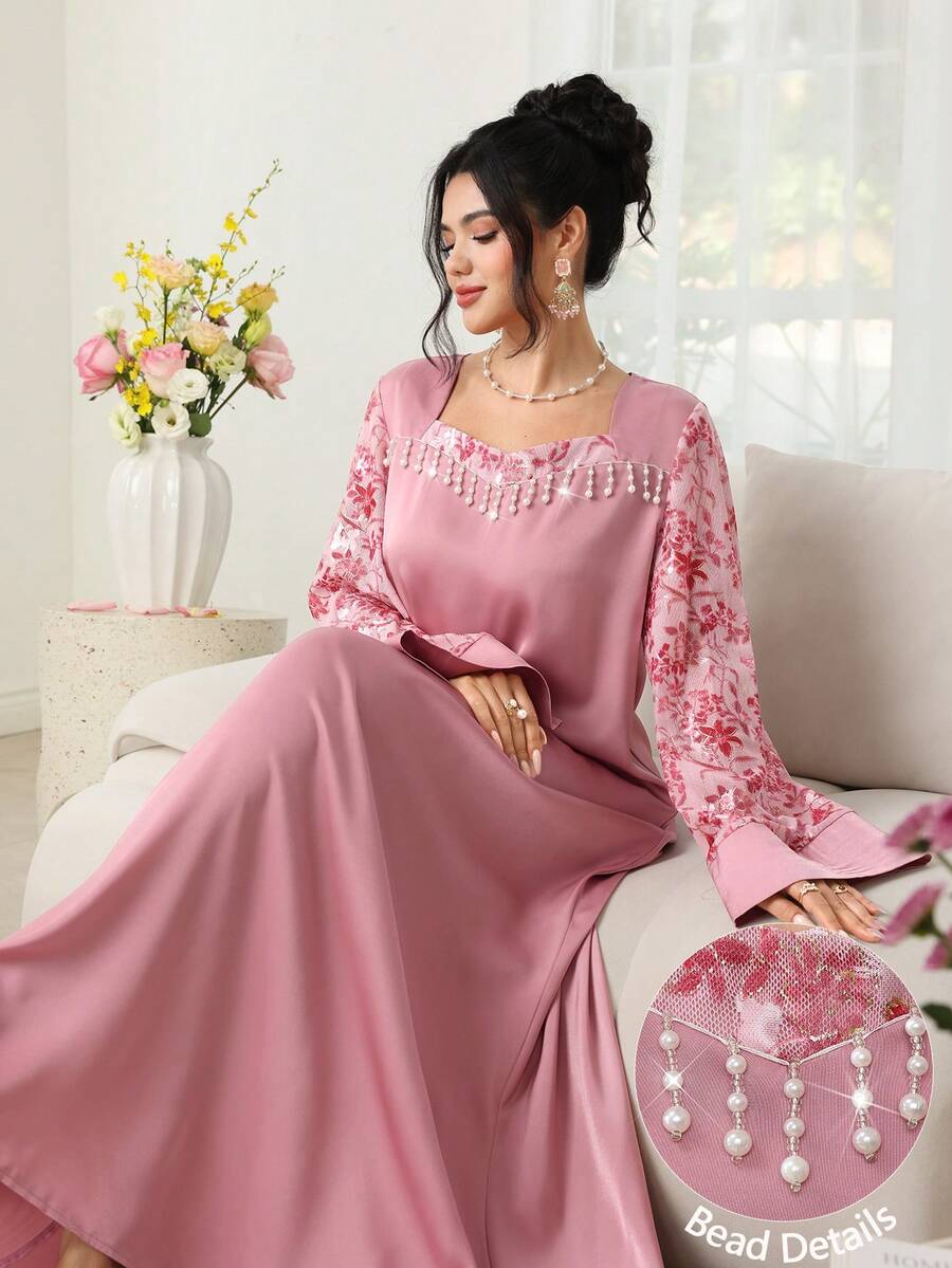 Al Najma Đầm ren tay xòe phối màu tương phản thanh lịch, thích hợp cho mùa xuân/hè.