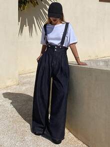 DAZY Pantalones peto vaqueros de cuello alto holgados y ajustables para mujer, estilo casual de ciudad - Azul lavado oscuro - Ver 7