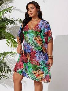 Swim Lushoire Plus Size Women Random Print Short Sleeve Loose Long Beach Cover Up - Multicolor - View 4