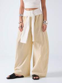 LYSMO Women's Striped Knotted Casual Versatile Wide Leg Pants For Daily Wear - Yellow - View 3