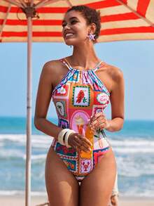 Travachic Women's Tropical Print Halter One-Piece Swimsuit, Vacation & Beach - Multicolor - View 7