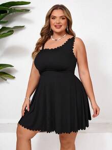 SHEIN CURVE+ Bộ đồ bơi hai mảnh Tankini viền hoa dành cho nữ cỡ lớn, thích hợp cho kỳ nghỉ hè. - màu đen - Xem 5