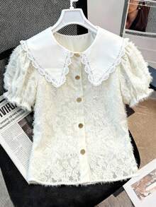 Lyxana Women's Cutout Peter Pan Collar Short Puff Sleeve Cute Blouse Blouse For Women Elegant Classy Lace Shirts For Women Latest Tops For Women New Arrivals Blouse Korean Style Blouses For Teens - Apricot - View 3