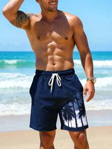 Manfinity RSRT Quần short đi biển nam mùa hè in hình cây dừa nhiệt đới, cạp chun, có dây rút, quần bơi nam họa tiết cây cọ, quần bơi nam kiểu dáng bãi biển, quần bơi cho nam giới, quần bơi nam. - Màu xanh hải quân - Xem 4