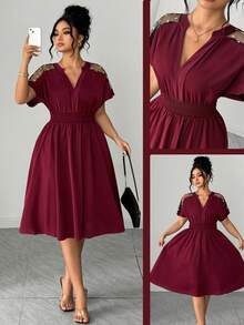 Elenzga Plus Size Women's Elegant Burgundy Summer Midi Dress,V-Neck Short Sleeve Heart Mesh,Waist Cinched A-Line Chiffon Casual Dress For Party,Wedding,Work - Red - View 6