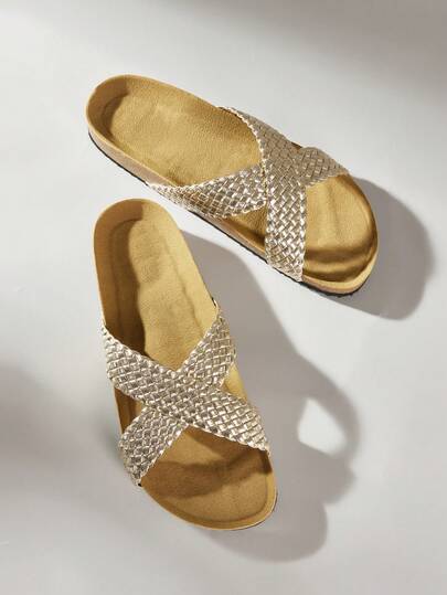 Solecia Women's Shoes Spring And Summer New Soft-Soled Light And Comfortable Flat-Soled Sandals, Daily Commuting, Shopping, Vacation, Beach Play Fashion Slip-On Cross-Strap Gold Woven Upper Thick-Soled Outer Wear Slippers