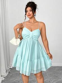 Elenzga Vestido mini de tirantes con falda acampanada de talla grande en azul claro, elegante para el té de la tarde, fiestas con la novia, vacaciones románticas, viajes casuales, ligero y cómodo - Celeste - Ver 4