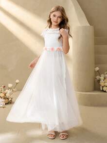 Girls' Elegant Flowing Embroidered Mesh Halter Waist Flared Midi Dress, Suitable For Weddings, Galas, Birthdays, Parties, All Seasons - White - View 8