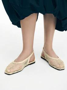 Mnmlis 女士新款时尚编织镂空平底方头套脚鞋 - 米白1 - 查看 7