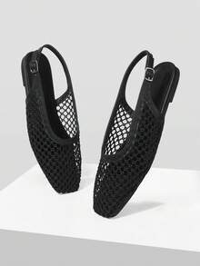 Mnmlis Zapatos planos de mujer con punta cuadrada, de moda, tejidos y sin cordones - Negro 1 - Ver 6