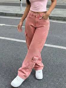 SHEIN ICON 女士休闲水洗直筒工装牛仔裤 - 粉色 - 查看 4