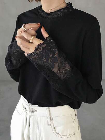 FRIFUL تي شيرت فضفاض متعدد الاستخدامات من قماش شبكي منقط شفاف بألوان سادة