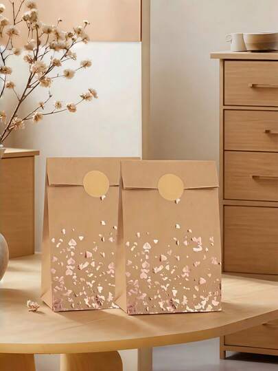 24PCS Elegant Paper Gift Bags Set 12 Bags With 12 Stickers Durable Kraft Material Rose Gold Heart Design Reusable Party Favor Bags For Wedding Bridal Shower Birthday Bulk Gift Wrap Supplies