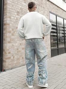 Artur Kramer 男士休闲街头风格刺绣破洞牛仔裤，蓝色 - 中等水洗藍 - 查看 2