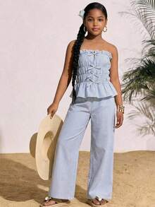 Travachic KIDS Tween Girl Vacation Casual Blue & White Striped Tube Top And Elastic Waist Pants Set - Multicolor - View 1