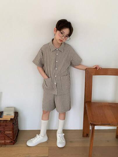 Dazy Kids Tween Boys' Summer Casual Striped Short Sleeve Shirt And Shorts Set