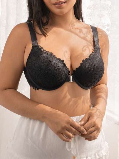 DesireSculpt Women's Fashion Lace Regular Wide Strap Design Front Closure Plus Size Bra, 1pc