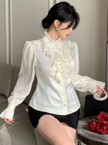 DAZY Women's Stand Collar Ruffle Trim Fashionable Versatile Long Sleeve Blouse - White - View 6