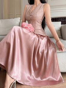 DAZY Bộ 2 món áo vest và chân váy phối màu tương phản thanh lịch dành cho nữ, có túi giả, thích hợp cho mùa xuân/hè. - Hồng - Xem 1