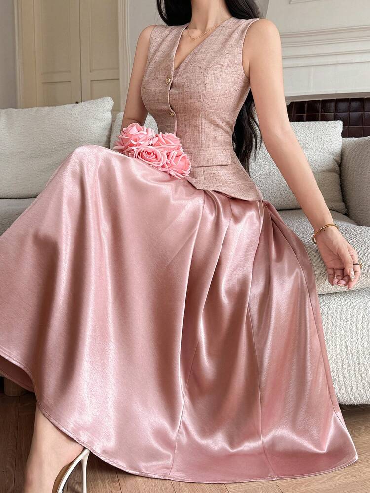 Women's Elegant Contrast Color Patchwork Faux Pocket Vest & Skirt 2 Pieces Set, Spring/Summer