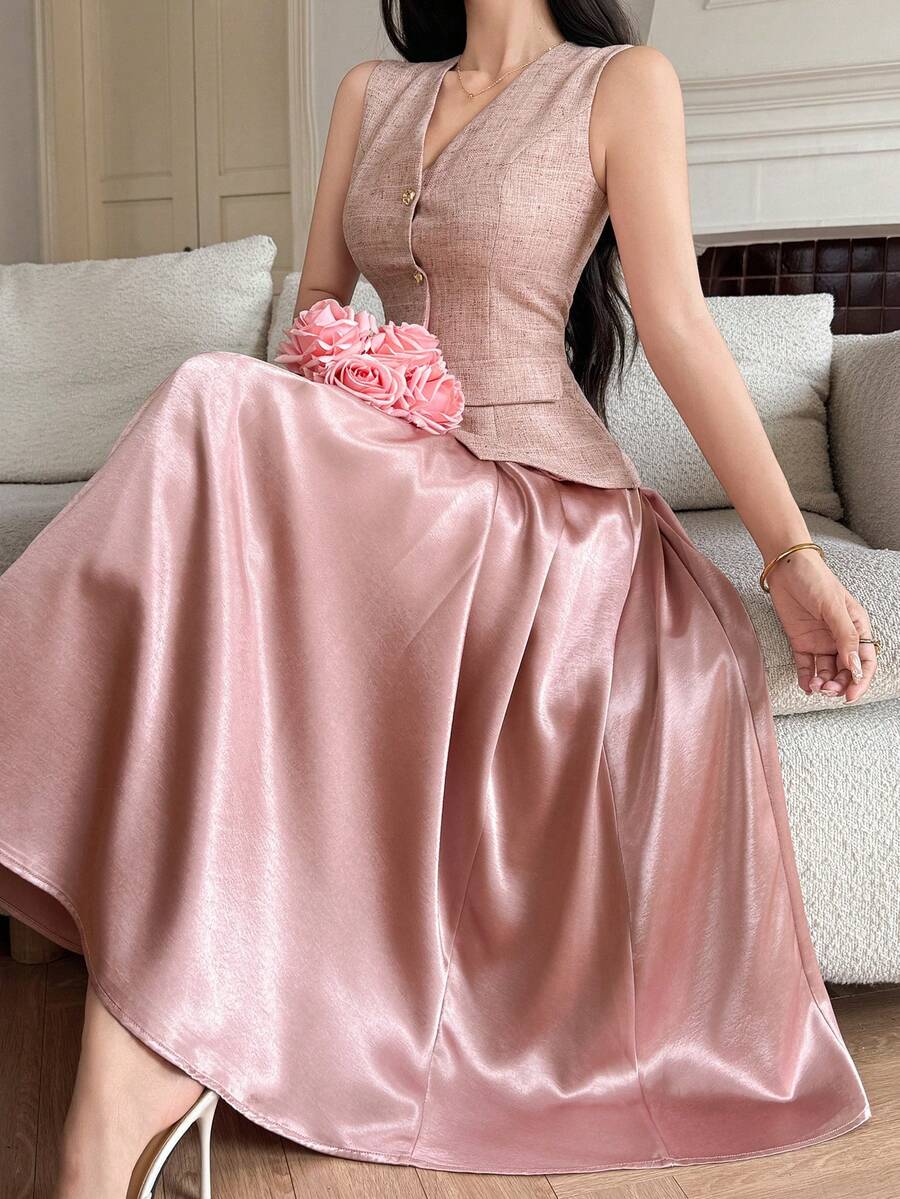 DAZY Bộ 2 món áo vest và chân váy phối màu tương phản thanh lịch dành cho nữ, có túi giả, thích hợp cho mùa xuân/hè. - Hồng - Xem 1