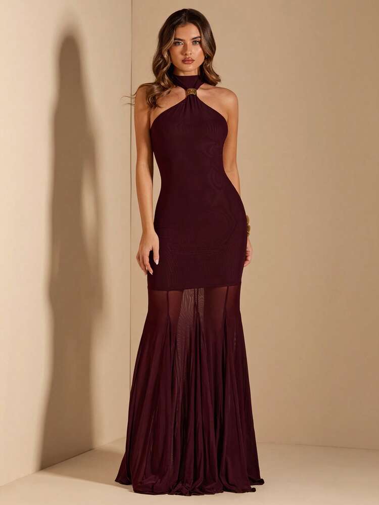 SHEIN BAE فستان نسائي أرجواني ثابت بتصميم هالتر مزين بإبزيم معدني، فستان أنيق لضيوف الزفاف، فستان عيد ميلاد، فستان أنيق - الأرجواني - مشاهدة 5