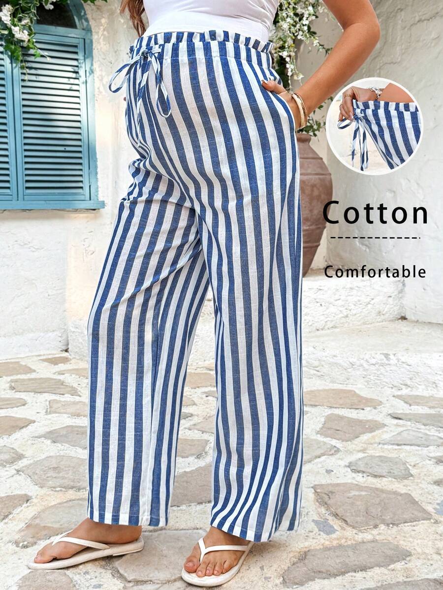 SHEIN Summer Outfit Vacation Blue Cotton Striped Fabric, Loose-Fitting Vacation Trousers For Pregnant Women.  Maternity Striped Waist Tie Pocket Wide Leg Loose Casual Pants - Blue and White - View 1