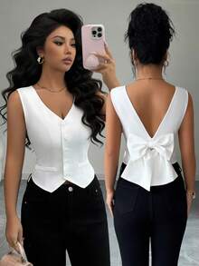 Elenzga Women's Elegant Backless Bow Tie Faux Pocket Camisole - White - View 4