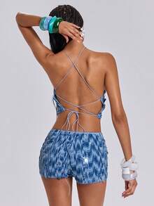 ROMWE Spring/Summer Vacation Style Blue Beaded Halter Neck Sleeveless Top For Women - Blue - View 2