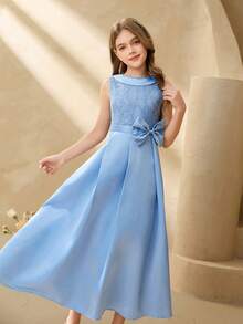 Tween Girl Elegant Blue Lace Bow Sleeveless Long Fitted Dress, Suitable For Evening Party, Christmas, Halloween, Wedding, Prom, Graduation, Back To School And Other Occasions - Blue - View 1