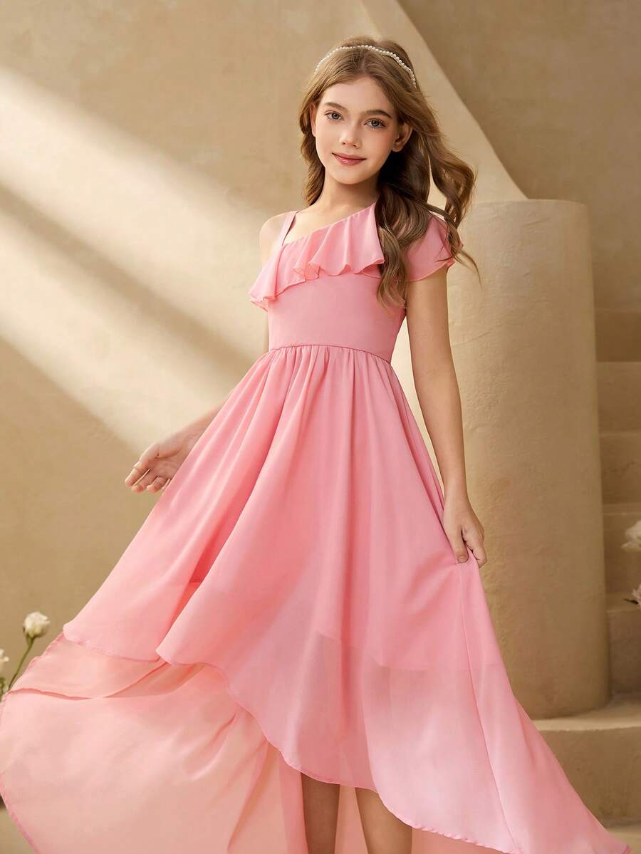 SHEIN Đầm dự tiệc màu trơn xếp nếp vạt lệch cho bé gái tuổi teen - Hồng - Xem 1