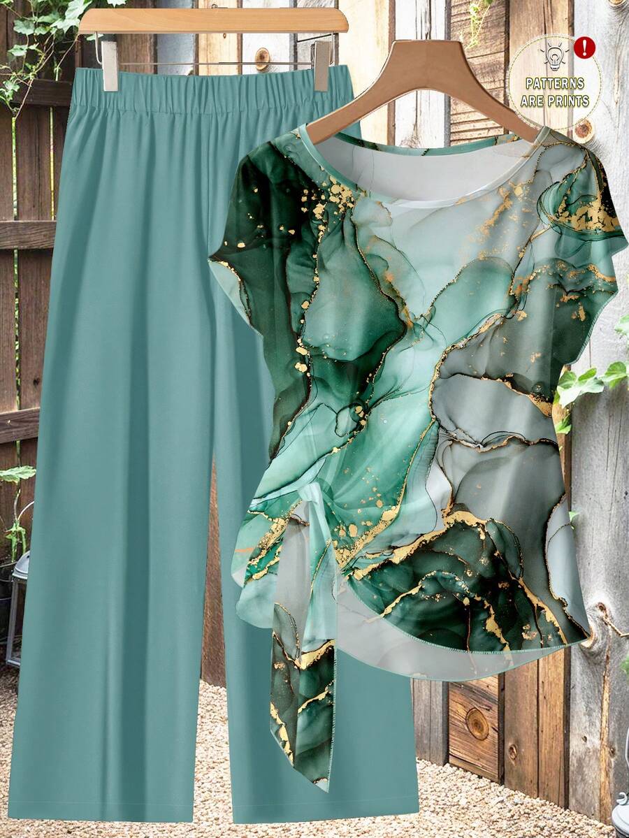 SHEIN Clasi 休闲简约风蓝绿色仿箔抽象花卉图案女式衬衫，配蝴蝶结领带和黑色宽松直筒裤两件套，适合秋冬季节，复古风格 - 彩色 - 查看 1