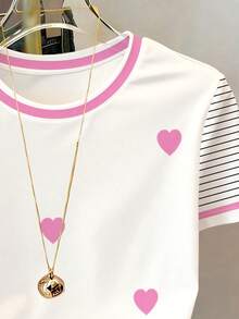 Cute Retro Pink Striped Heart Print Pattern, Tween Girls' Casual Minimalist Short Sleeve Round Neck T-Shirt, Suitable For Summer - Multicolor - View 3