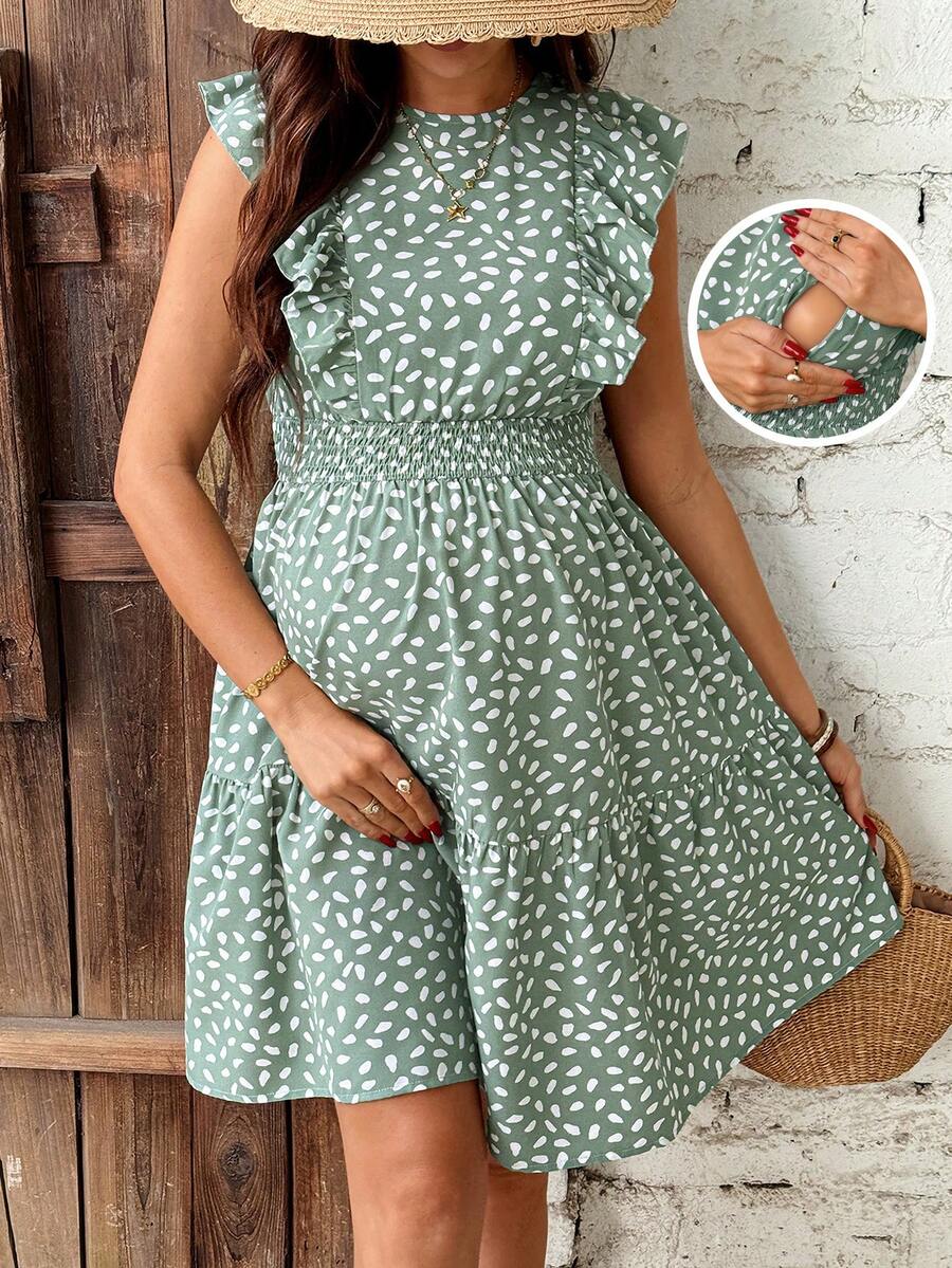 SHEIN 度假休闲印花抽绳腰带短袖孕妇短裙 - 綠色 - 查看 1